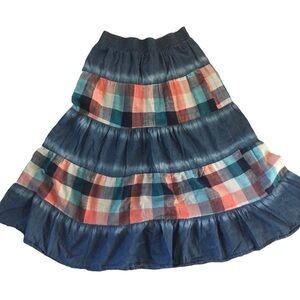 Faded Denim & Plaid Tiered Denim Prairie Peasant Skirt Sz. M Midi Length BOHO